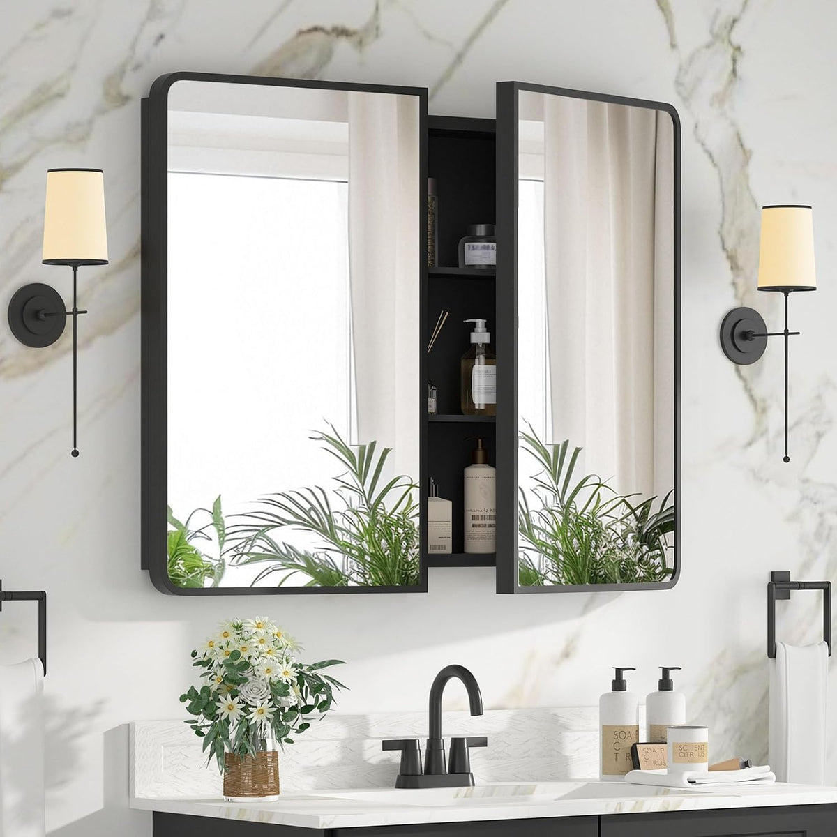 Bathroom Medicine Cabinet with Mirror 24 x 30 Inch, Black Medicine Cabinet Re...