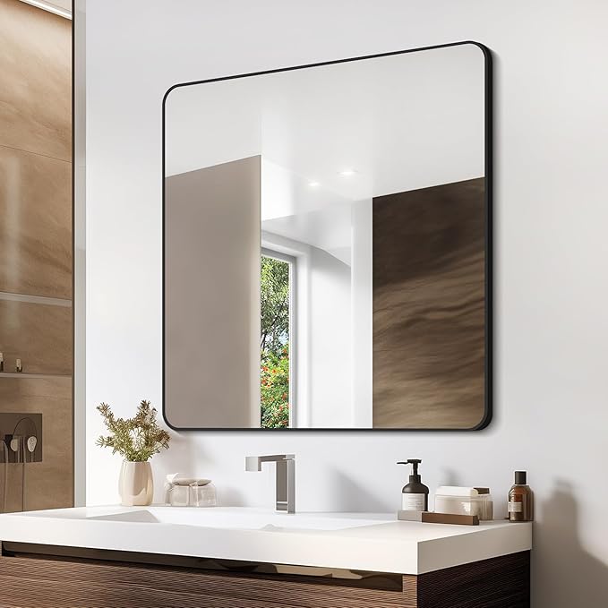 Bathroom Mirror, Metal Frame Rounded Corner Vanity Mirror, Large Wall Mounted