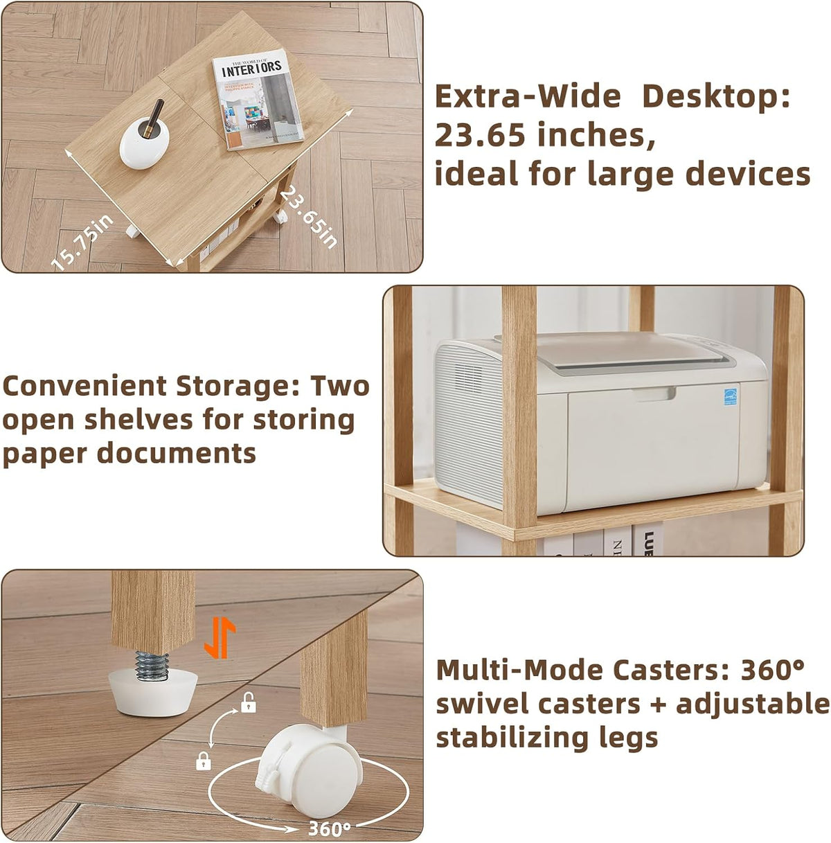 3 Tier Home Printer Stand with Storage, Natural