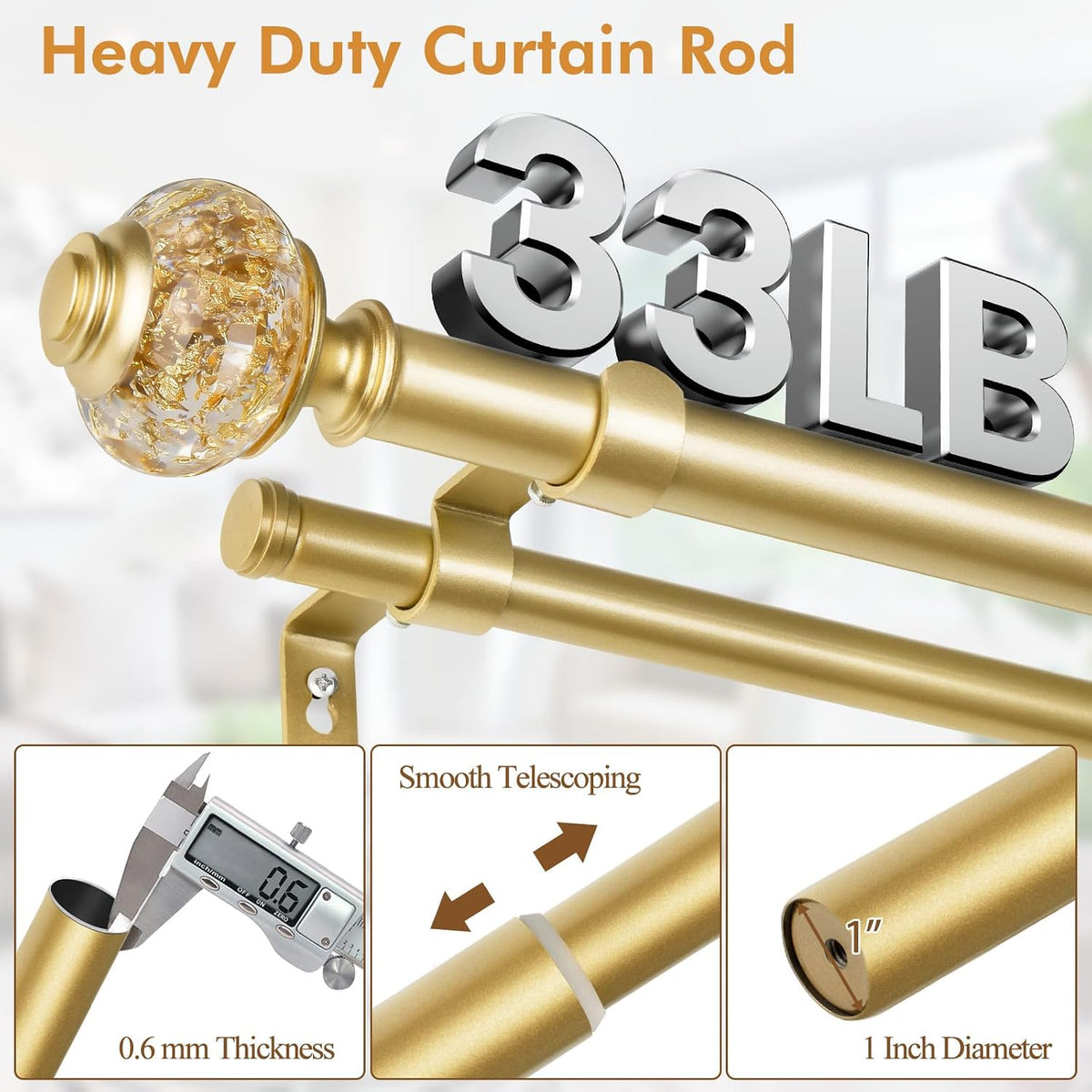 Double Curtain Rods for Windows 72 to 144, Luxury Gold, 1 Inch | Double Layer...