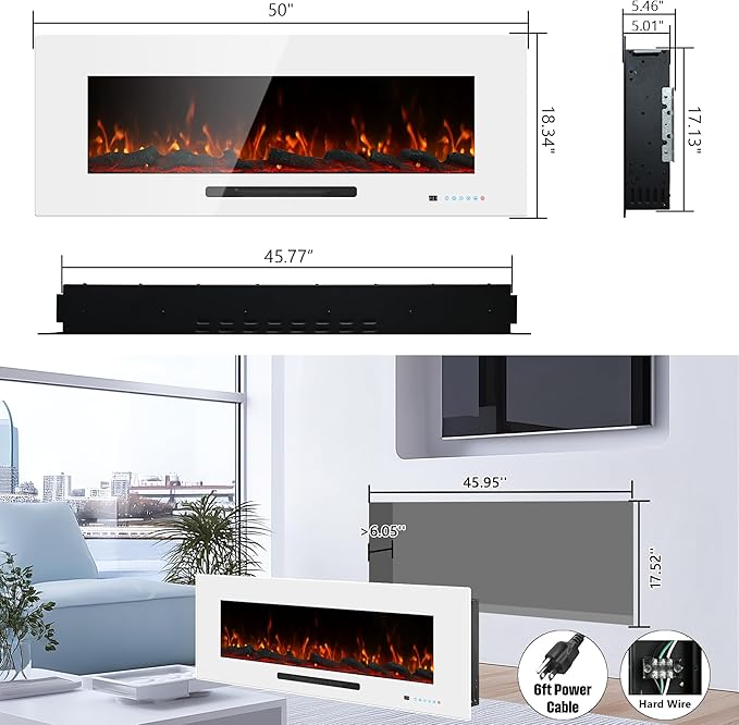 50" Electric Fireplace, Recessed & Wall Mounted Fireplace Heater 13 ...