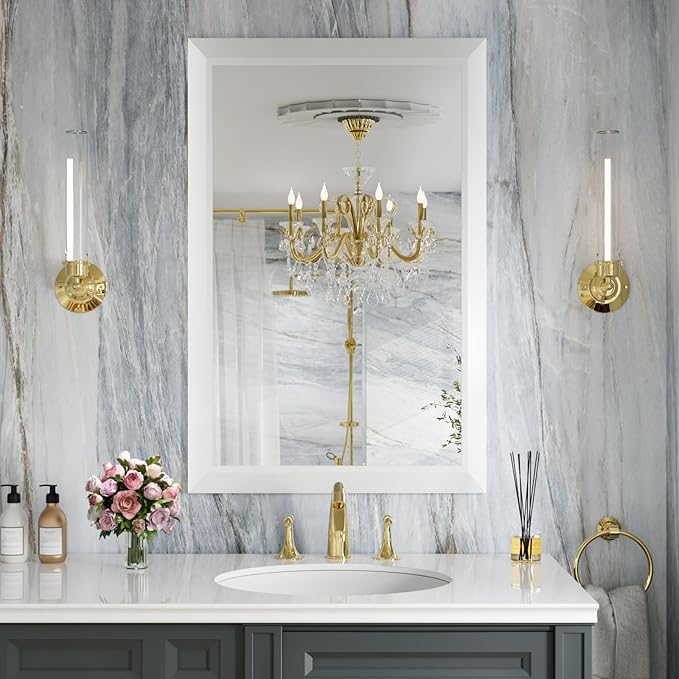Amorho Bathroom Mirror, 24x36 Inch White Thick Metal Framed Wall Mirrors