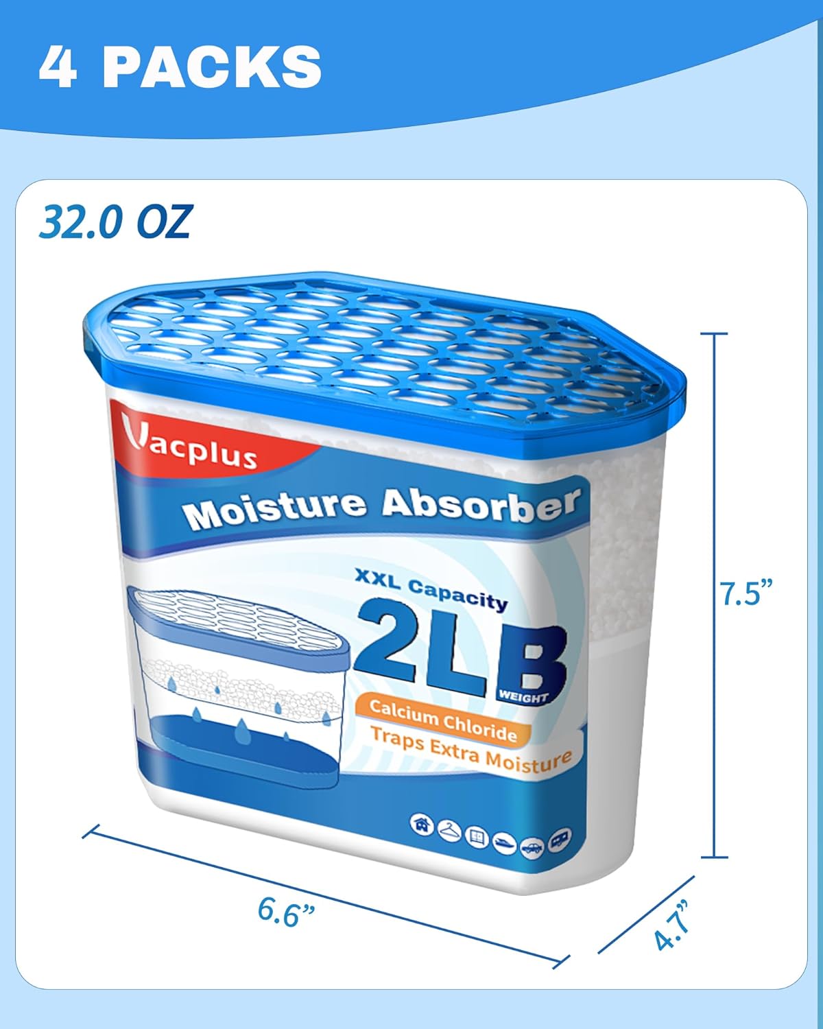 Vacplus Moisture Absorber, 2 LB, Strong Absorption, Fragrance Free, 4 Pack