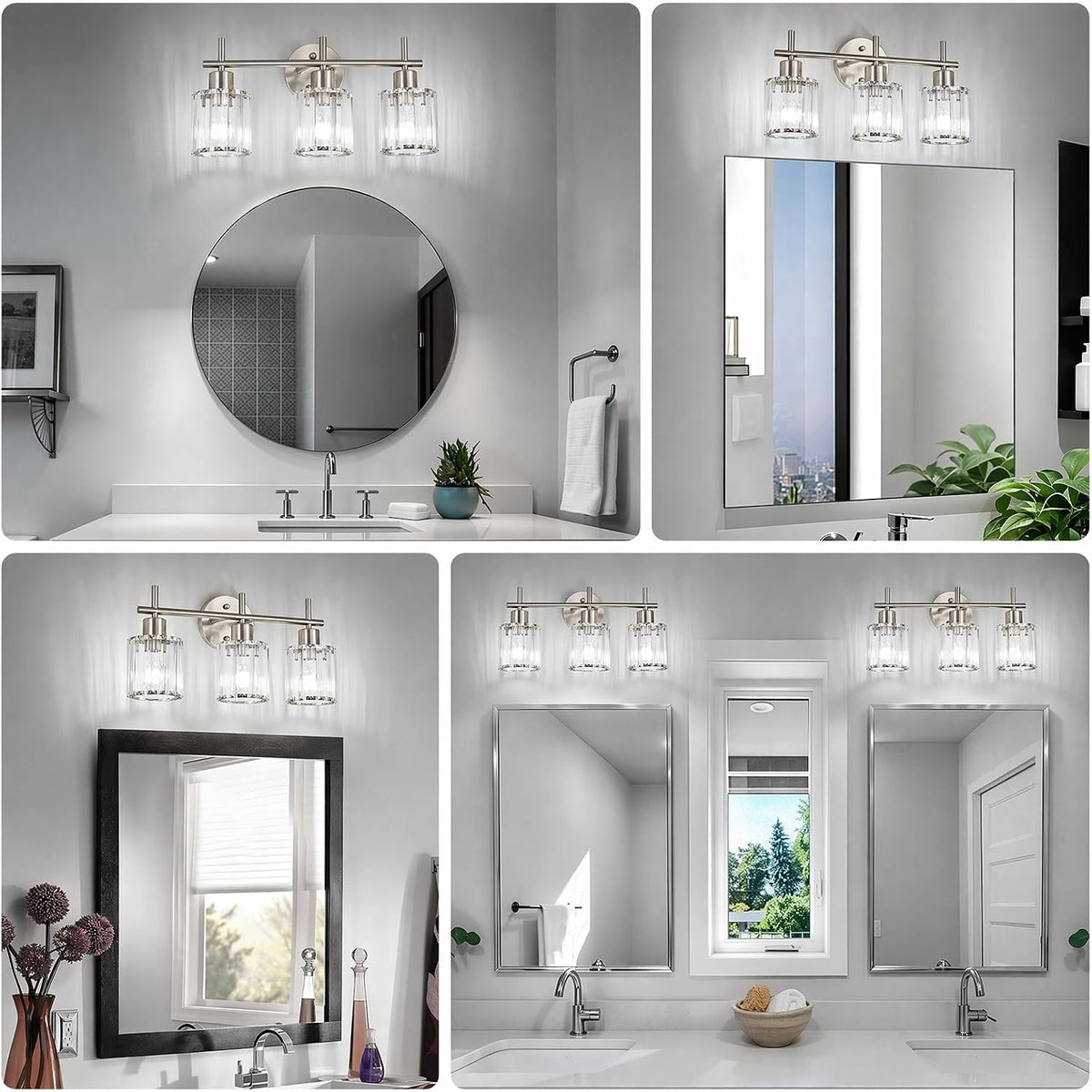 Brushed Nickel 3-Light Crystal Bathroom Vanity Light Fixtures, Round