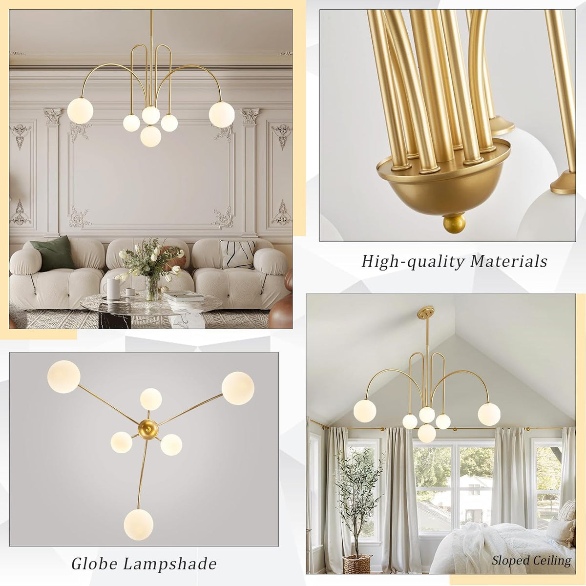 CATINER Modern 40" 6-Light Gold Sputnik Chandelier with Milk Glass Globe