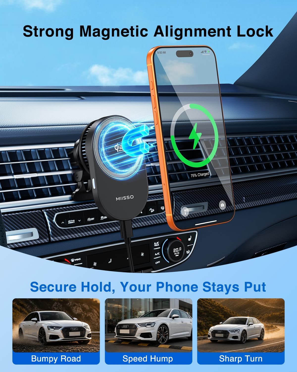 MIISSO Qi2.2 25W Magnetic Wireless Car Mount Charger with TEC Cooling Fan