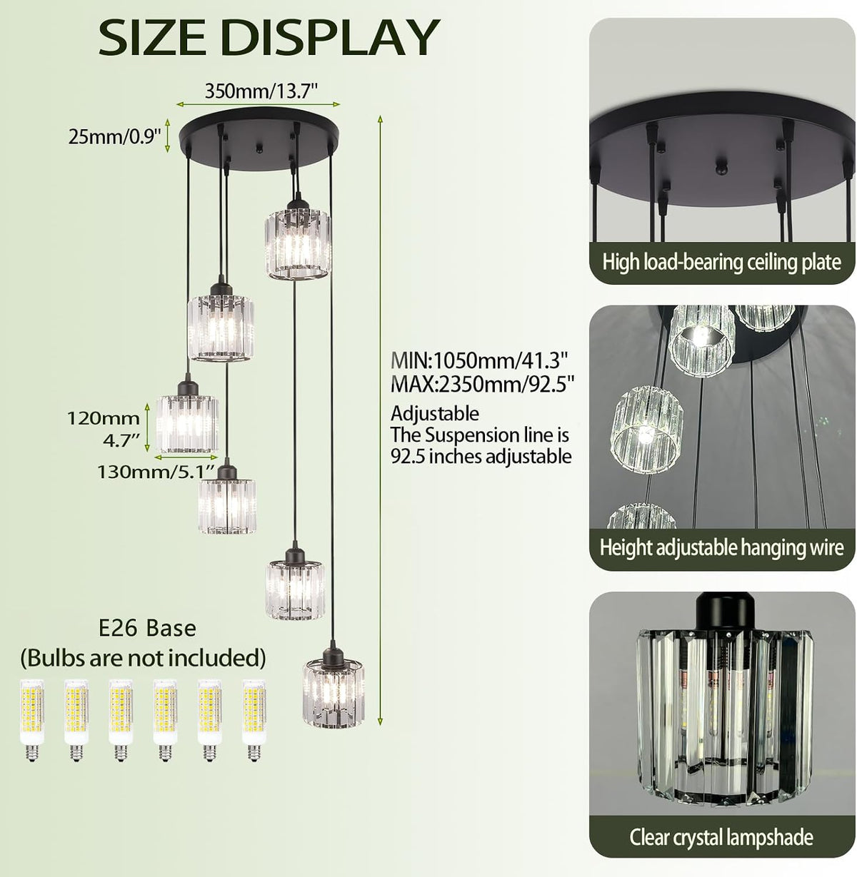 6-Light Crystal Raindrop Chandelier, Black, for High Ceilings