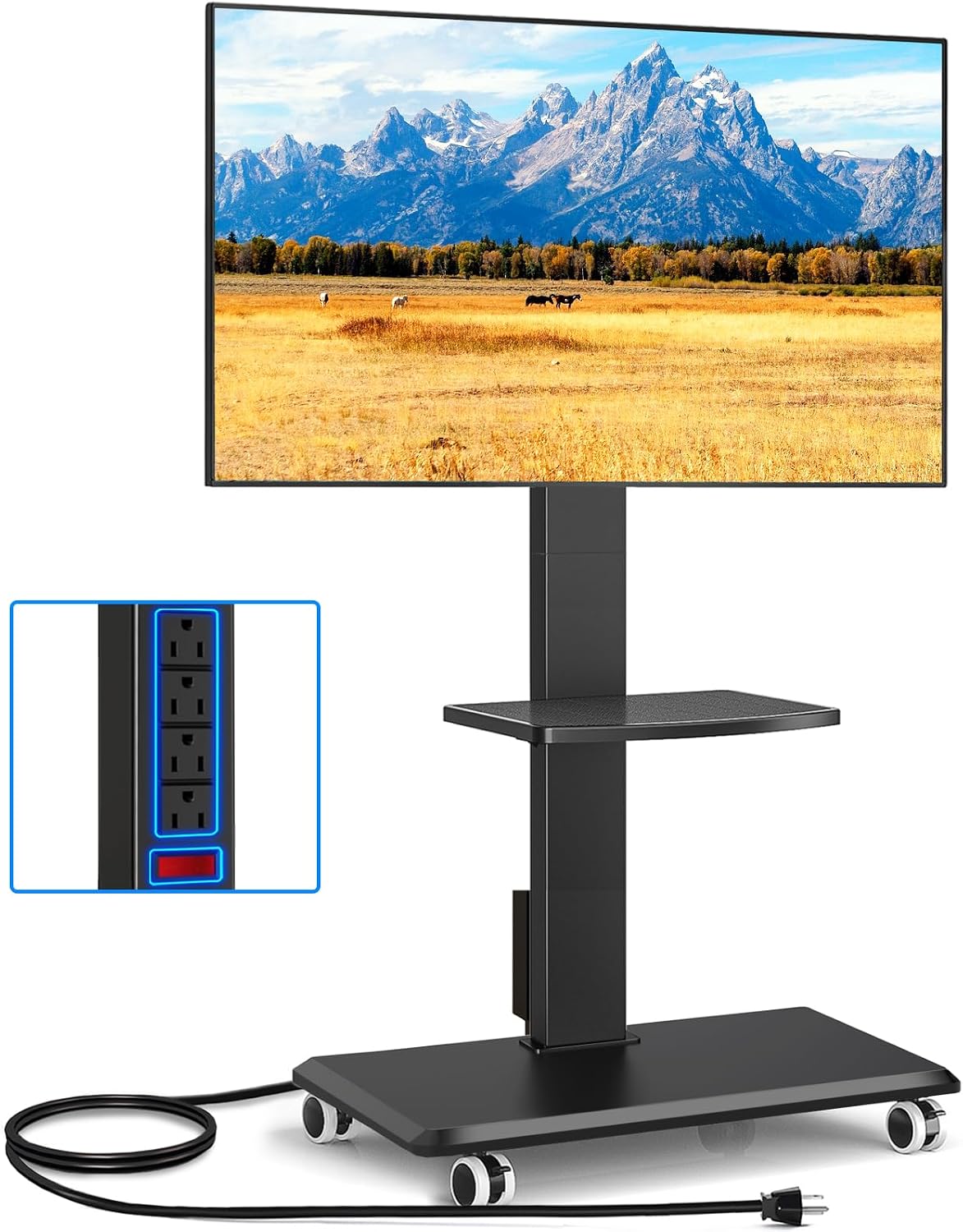 Rfiver Rolling TV Stand 32-75 Inch with Power Outlet and Shelf, Black