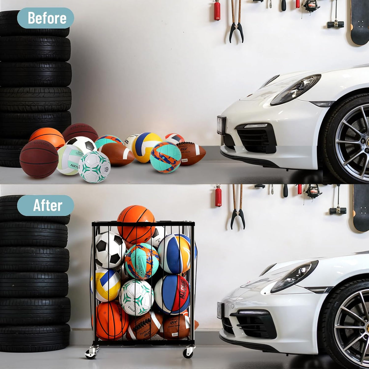 TomCare Garage Ball Storage Rack, Rolling Sports Cart with Lockable Wheels