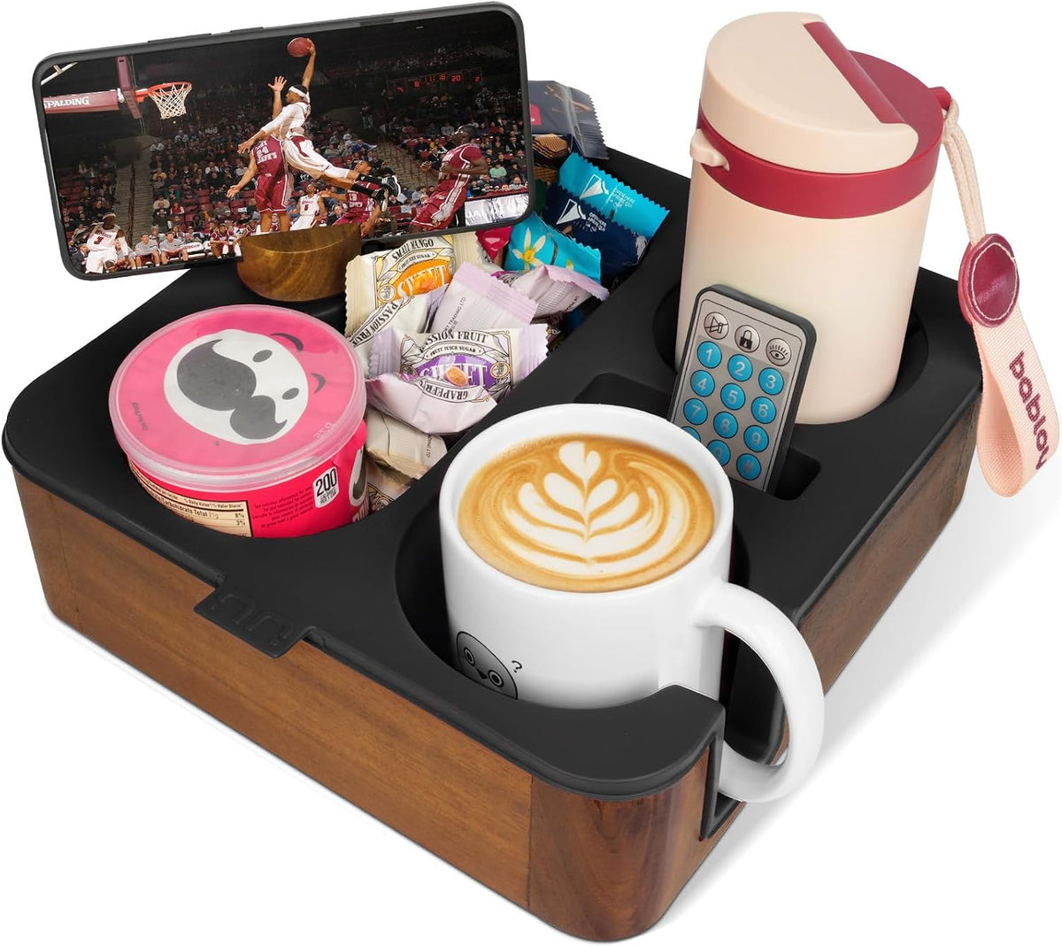Couch Cup Holder Tray, Real Acacia Wooden Caddy with Soft Silicone, Snack and...