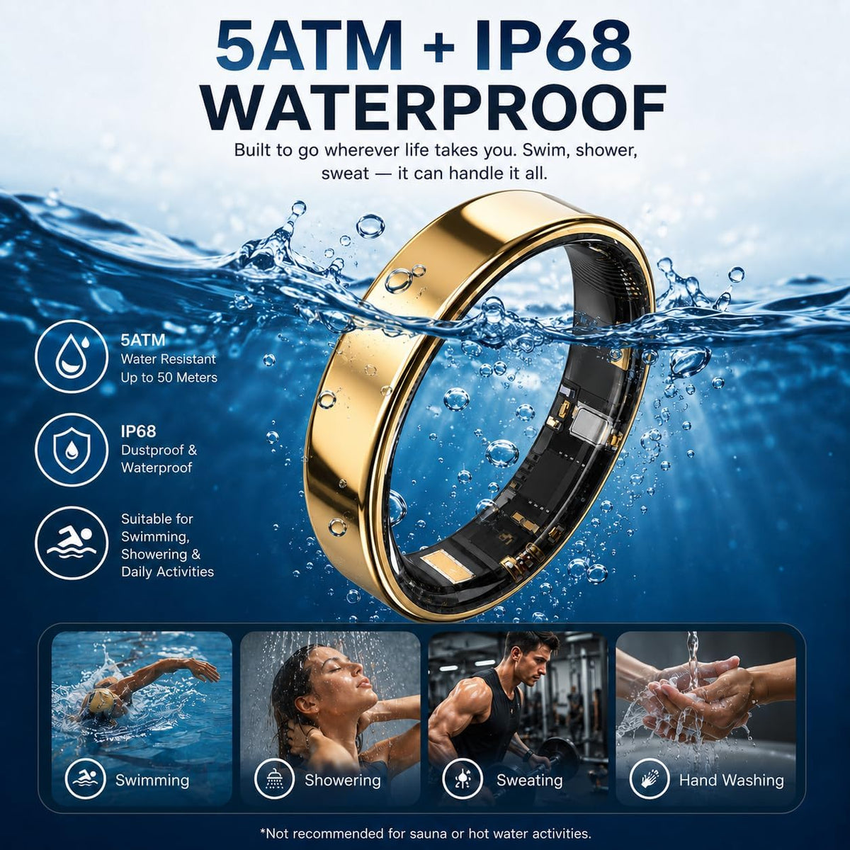 Slim Ultra Thin Smart Ring, Health & Sleep Tracker, Gold 12