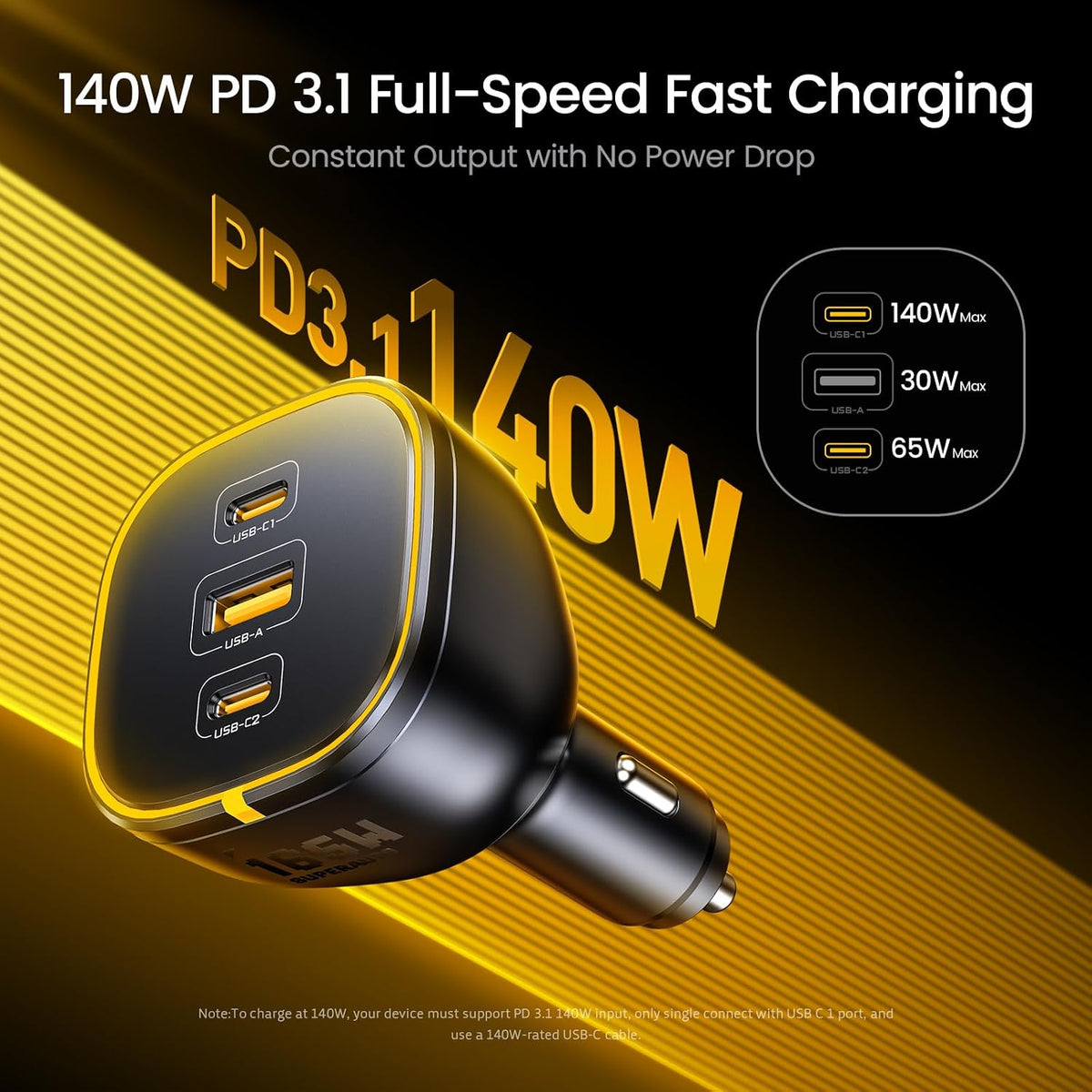 AOHI 165W Laptop Car Charger Adapter 140W PD 3.1/100W PD 3.0 USB C Charging
