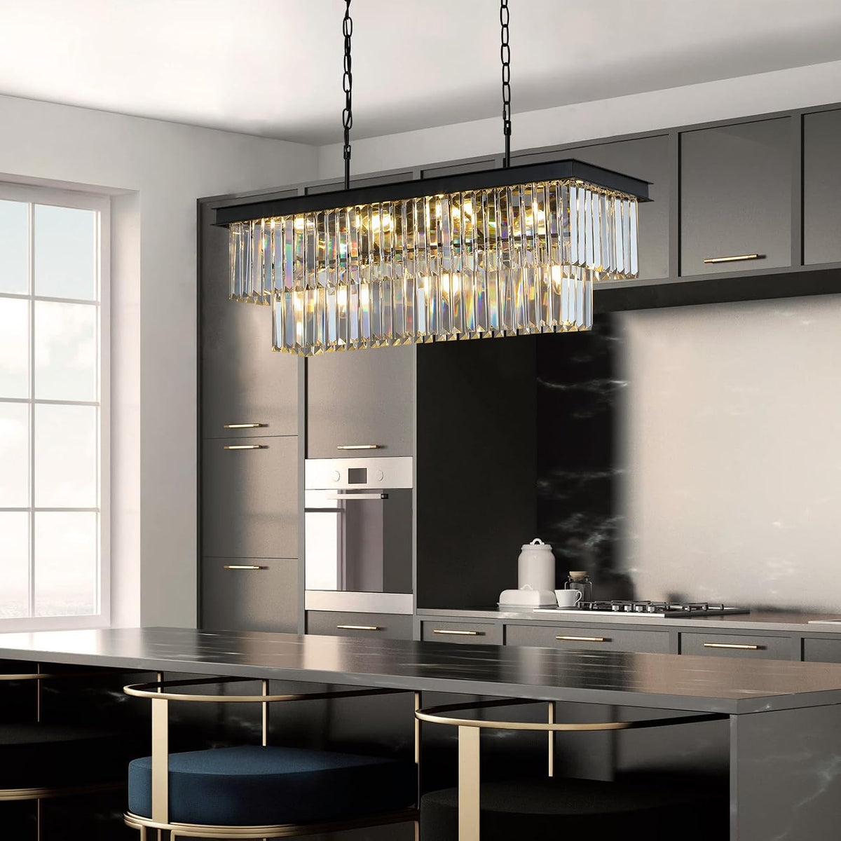 Weesalife Black Crystal Chandeliers for Dining Room，11-Lights L33.5 Inch