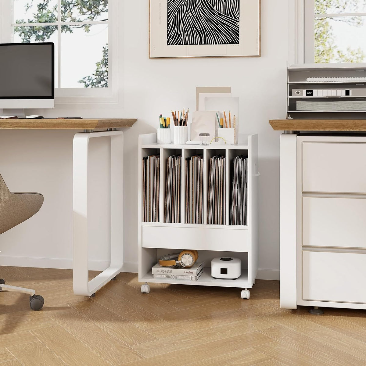 Rolling Record Player Stand with 4 Wheel, 5 Compartments, White
