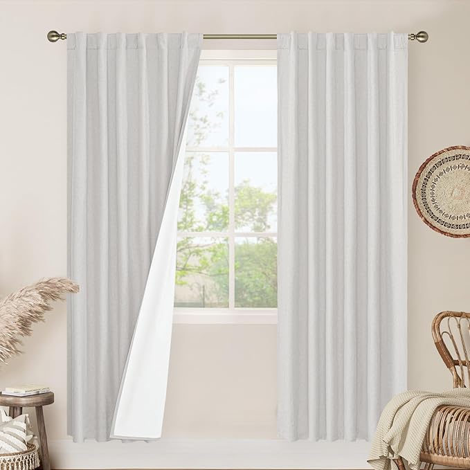 LAMIT 100% Blackout Natural Linen Curtains, 78 Inches Linen Textured Thermal