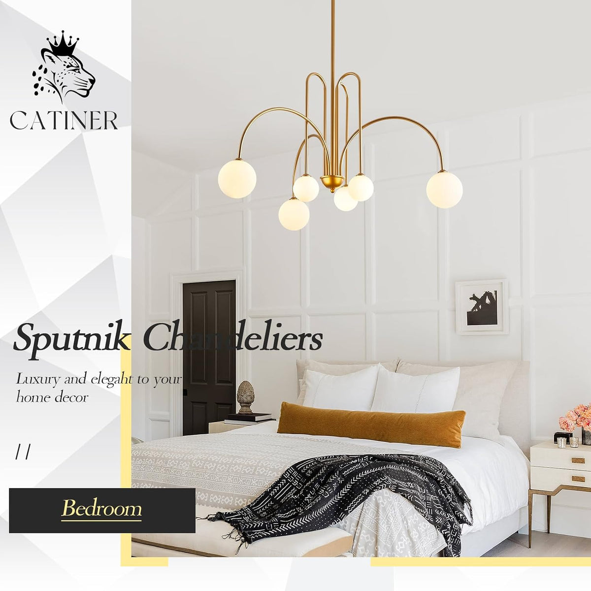 CATINER Modern 40" 6-Light Gold Sputnik Chandelier with Milk Glass Globe