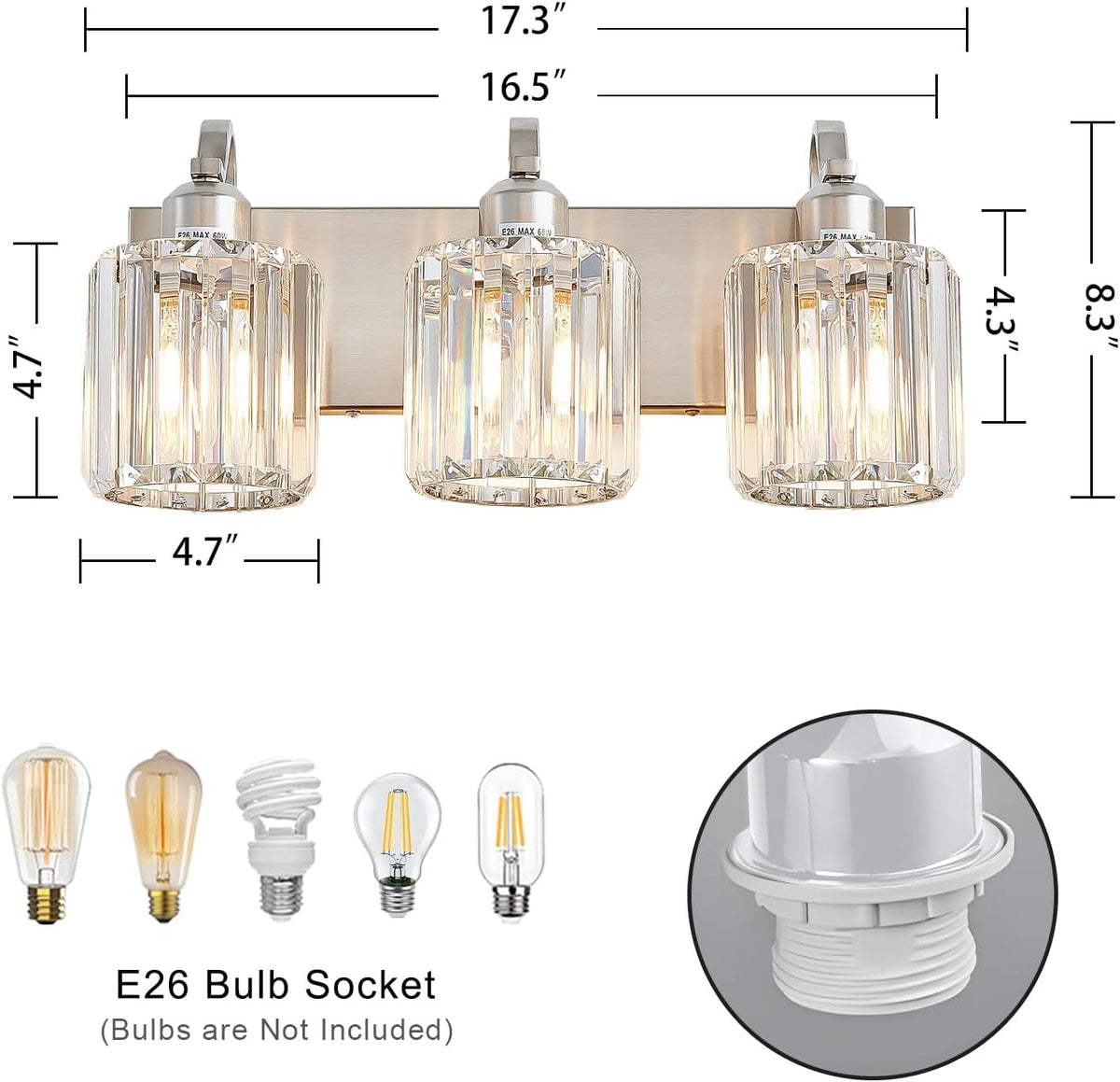 Modern Vanity Light 3-Lights Brushed Nickel Vanity Light Crystal Bathroom Wal...