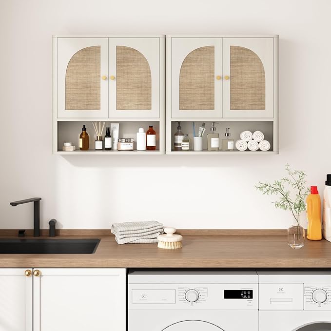 RUSTOWN Rattan Bathroom Wall Cabinet, Over The Toilet Storage Cabinets