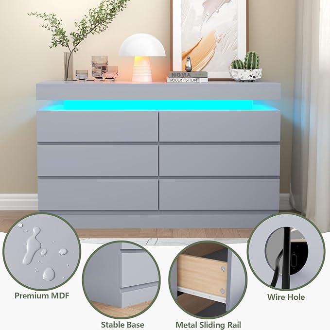 6 Drawer Dresser with Power Outlet, Dresser with LED Light, Modern Chest of