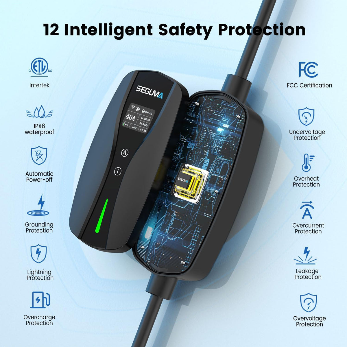 SEGUMA Level 2 EV Charger, 40A Wi-Fi/App ETL Certified for J1772 BEVs/PHEVs