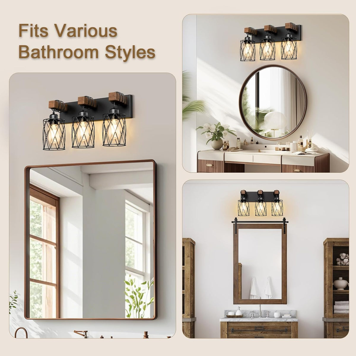 IZORRO Farmhouse Bathroom Vanity Light, 3-Light Wood Bathroom Light Fixtures ...