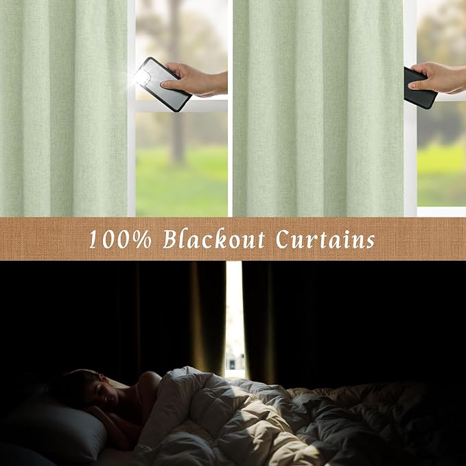 LAMIT 100% Blackout Linen Curtains, 63 Inches Linen Textured Thermal Bedroom
