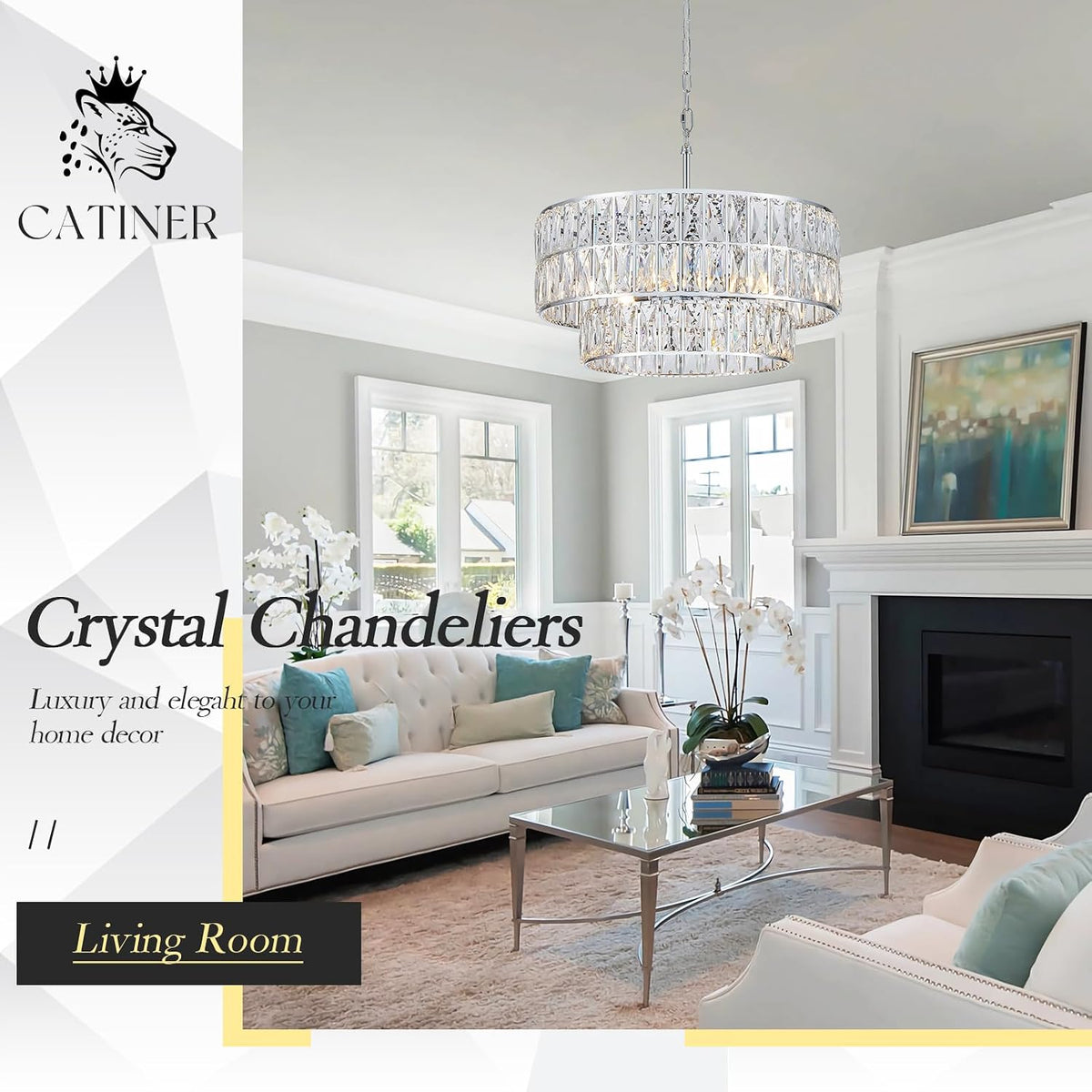 Chrome Crystal Chandelier 20" 6-Light Modern Semi Flush Pendant