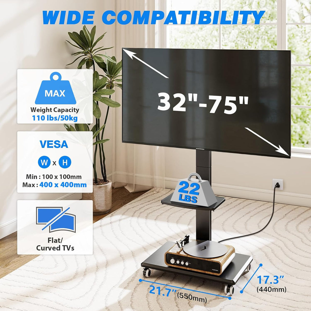 Rfiver Rolling TV Stand 32-75 Inch with Power Outlet and Shelf, Black