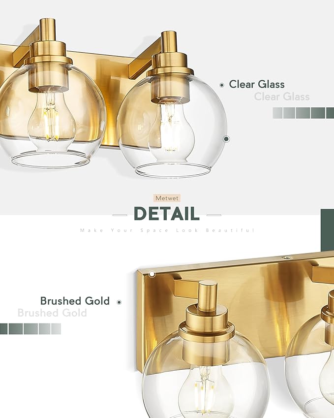 METWET Bathroom Light Fixtures, 3-Light Brushed Gold Vanity Light, Modern Wall