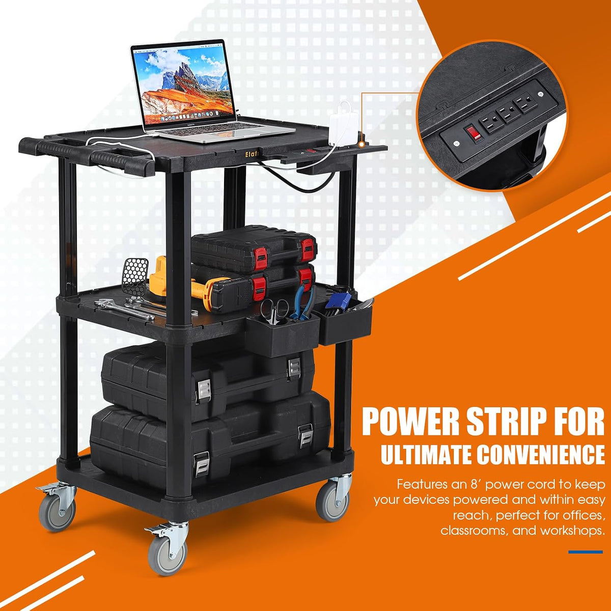ELAFROS 3-Tier Heavy Duty AV Cart with Power Strip, 27.5 x 18.25 in