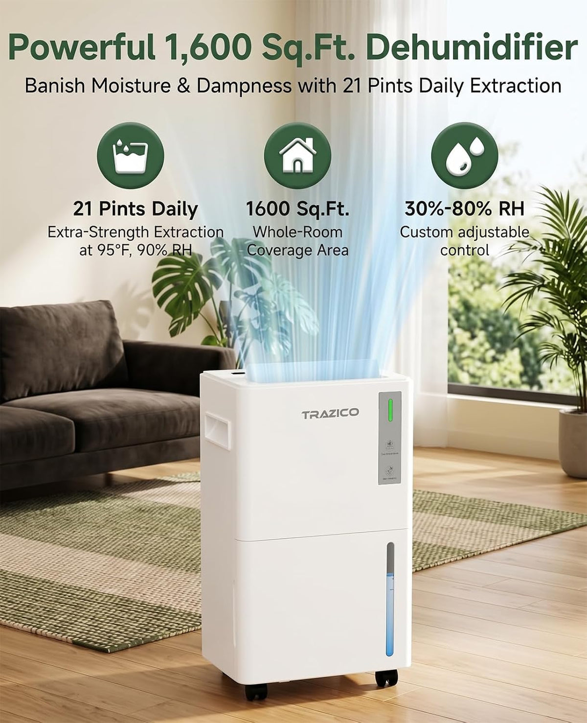 1600 sq ft 21 Pint Dehumidifier for Basement with Drain Hose