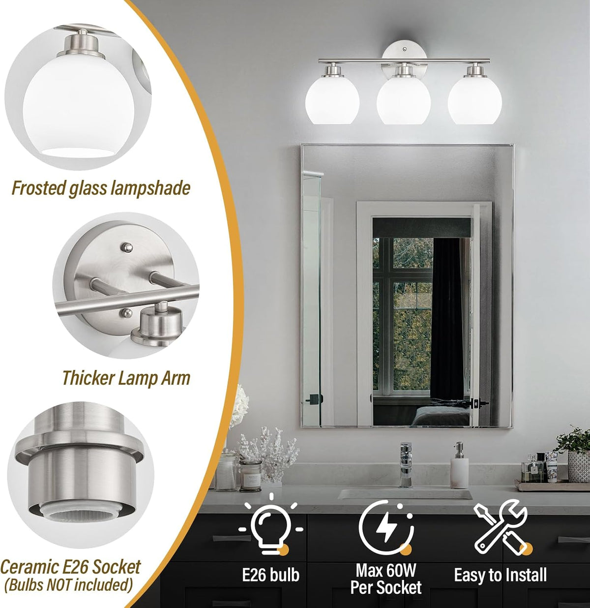 Brushed Nickel Bathroom Light Fixtures, 3-Light Vanity Light Over Mirror