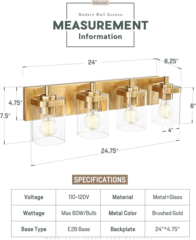 METWET Bathroom Light Fixtures, 4-Light Modern Wall Sconces