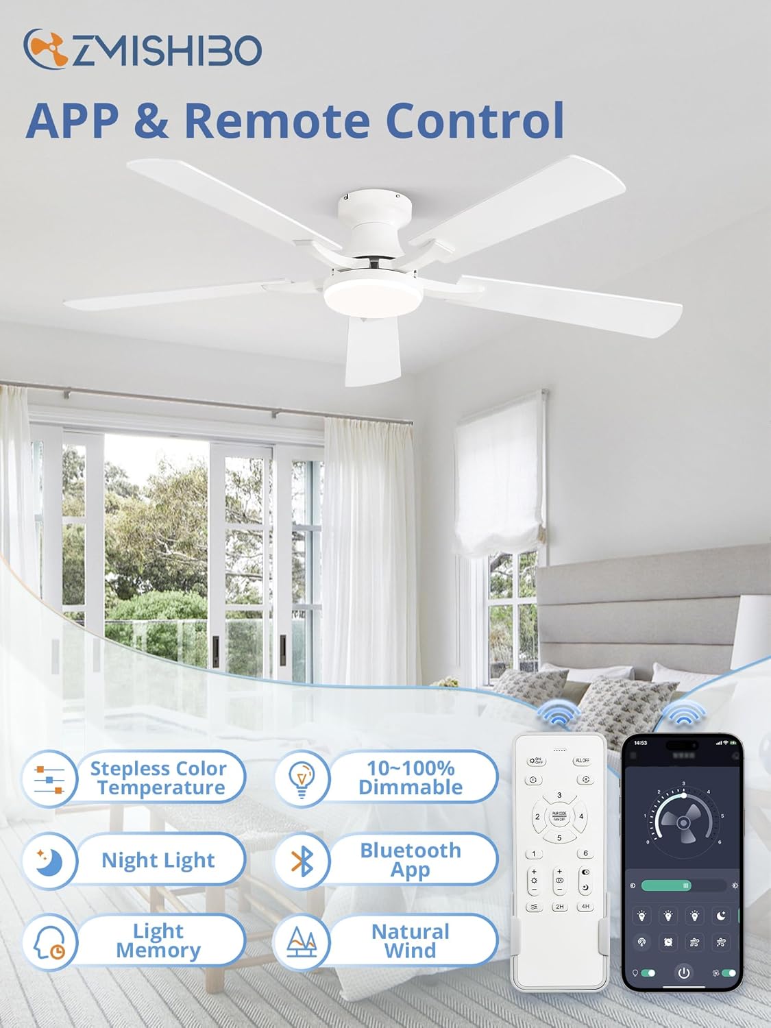 ZMISHIBO 52 Inch Ceiling Fans with Lights, Remote&App Control, Flush Mount