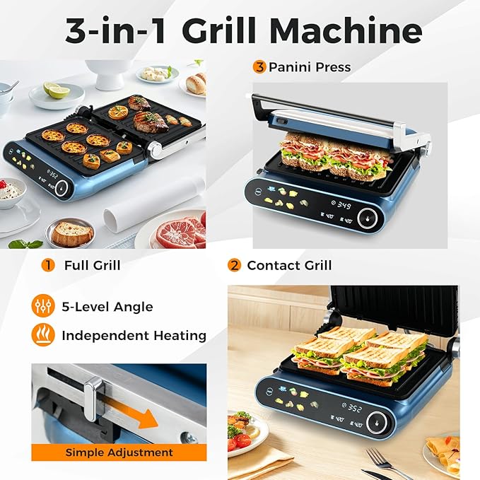 7-In-1 Sandwich Maker with LED Touch Panel & No-Stick Plates, Electric Pa...