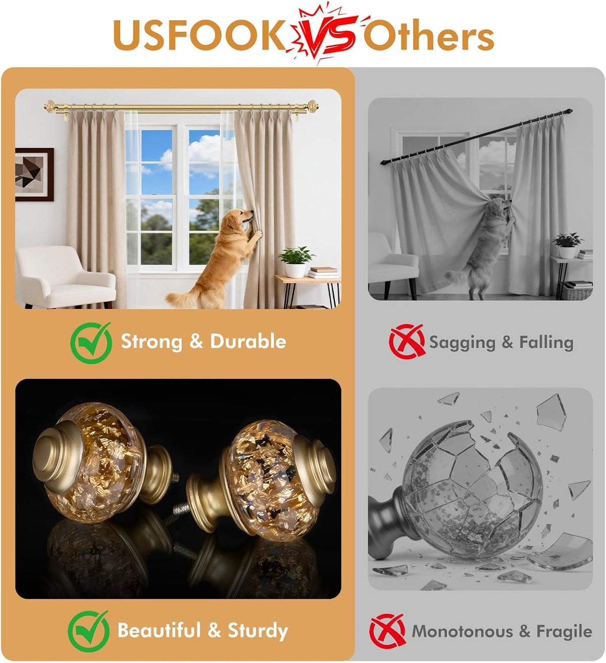 Double Curtain Rods for Windows 72 to 144, Luxury Gold, 1 Inch | Double Layer...