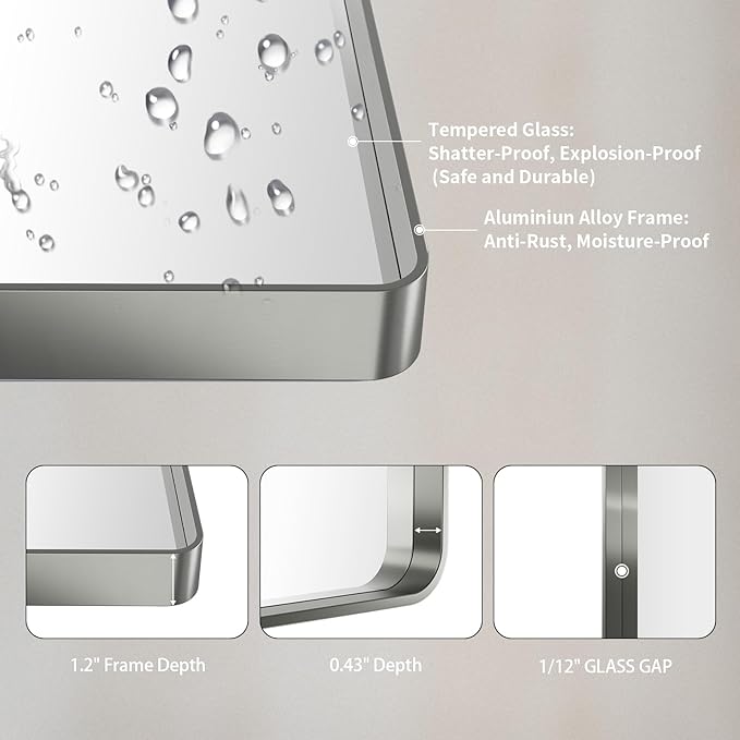 LOAAO 48X32 Inch Brushed Nickel Bathroom Mirror, Rounded Rectangle Silver Metal