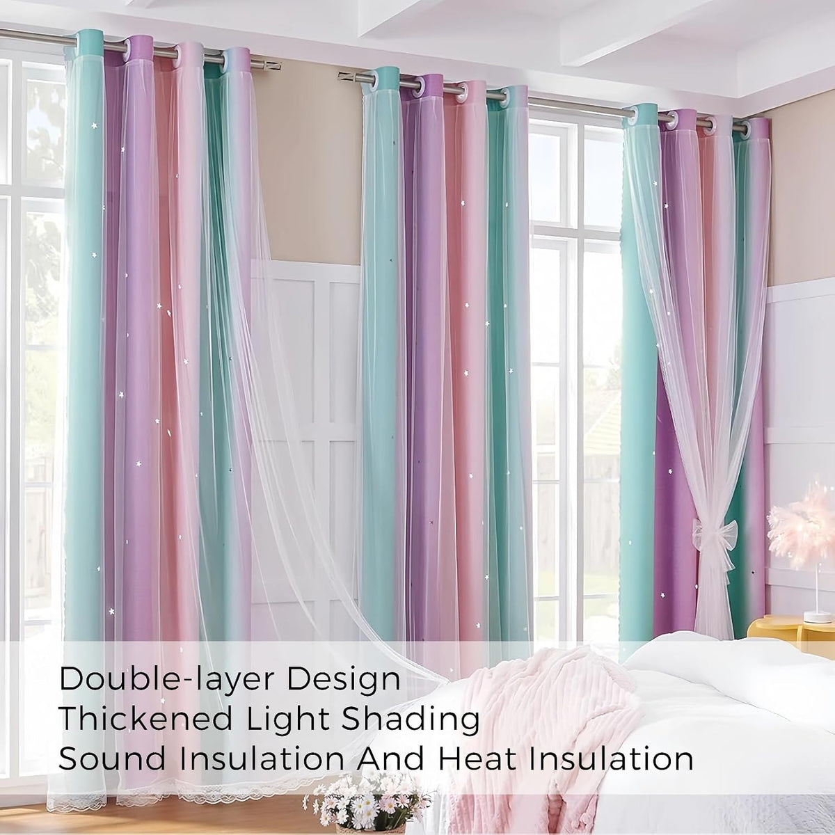 Star Cutout Blackout Curtains, Pink Purple Blue, W52 x L63 Inch | 2 Panels, O...