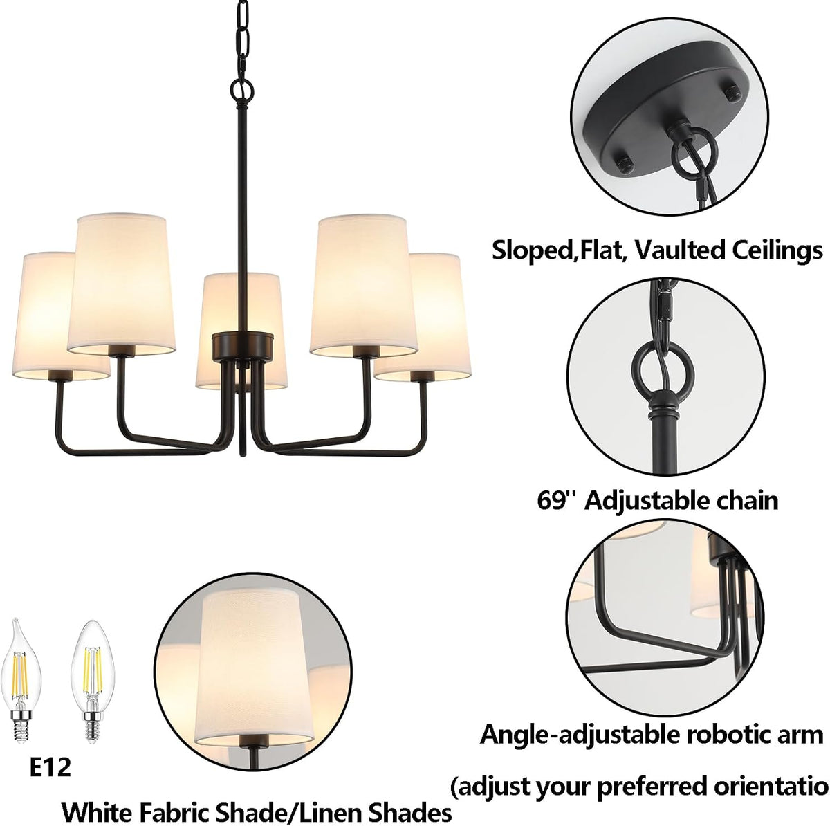 Farmhouse Chandelier, Matte Black with White Fabric Shade, Farmhouse Linear I...