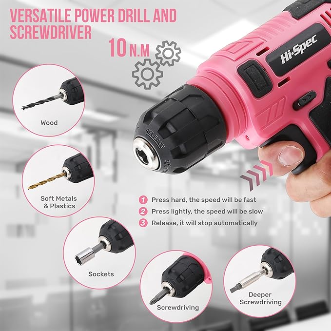 Hi-Spec 110pc Pink 8V USB Electric Power Cordless Womens Drill Driver Set.