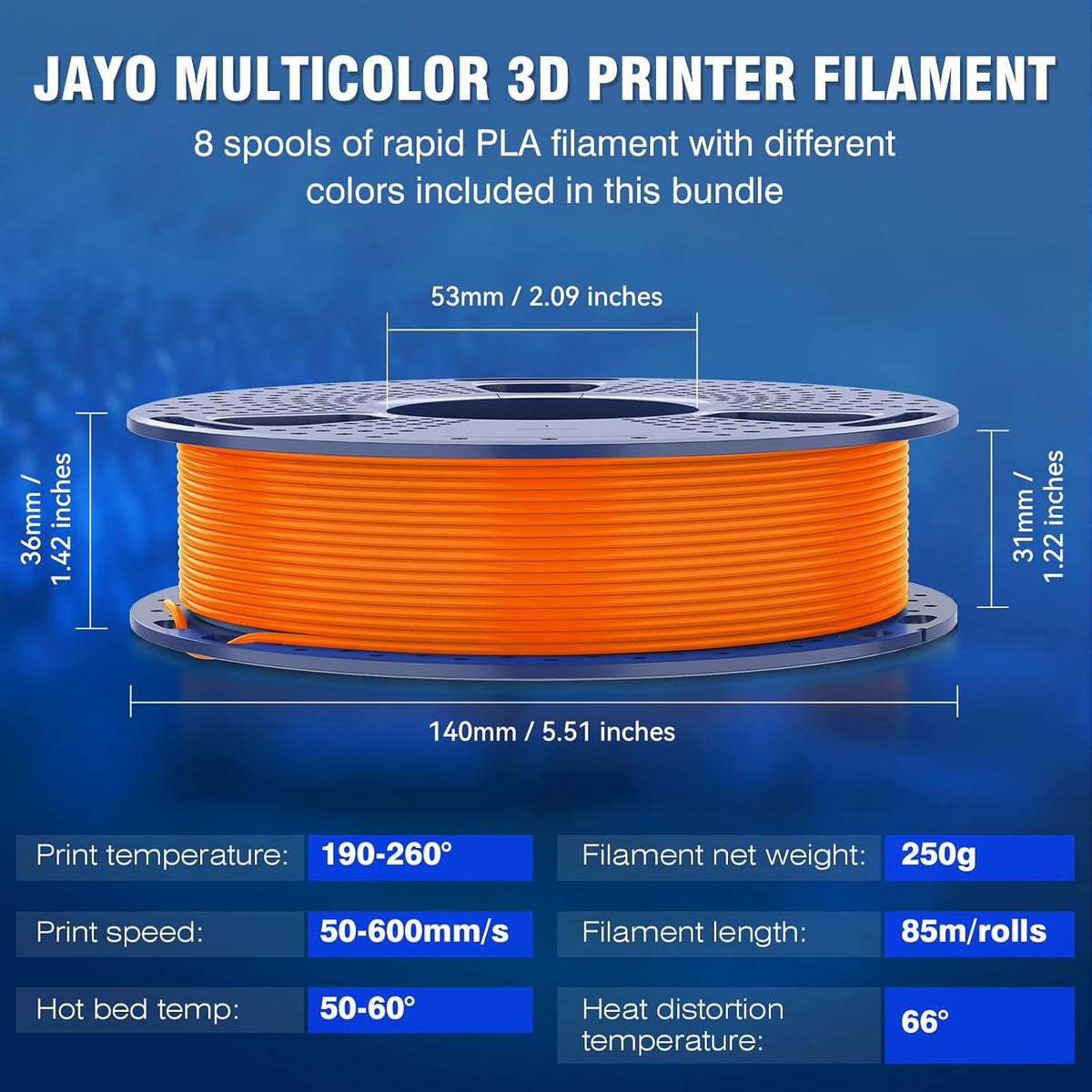 JAYO Rapid PLA 3D Printer Filament Bundle 2KG, 8 Pack 250g