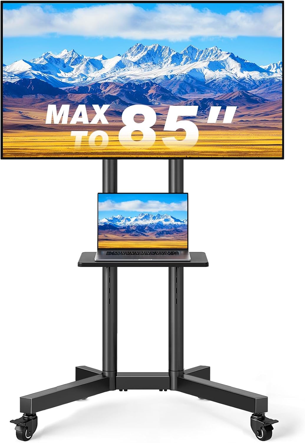 Portable Rolling TV Stand with Shelf for 32-85 in TVs up to 150 lbs
