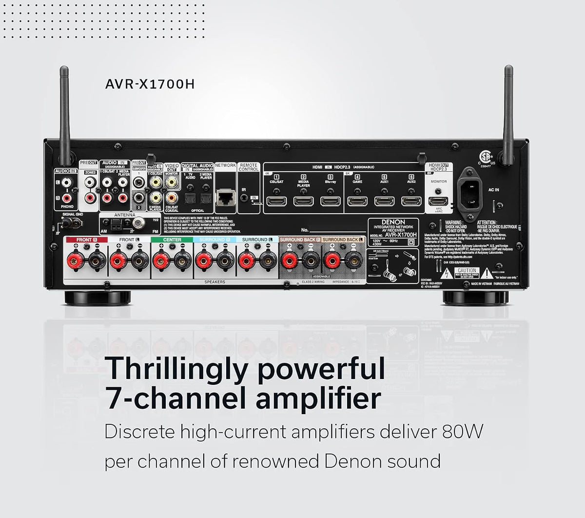 Denon AVR-X1700H 7.2 Channel AV Receiver - 80W/Channel, Built-in HEOS
