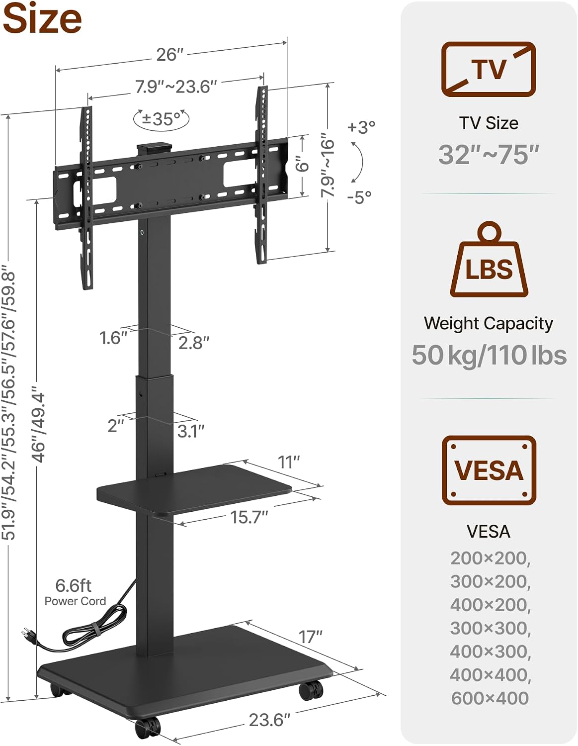 Steel Base Rolling TV Stand with Power Outlet for 32-75 inch TVs,BL