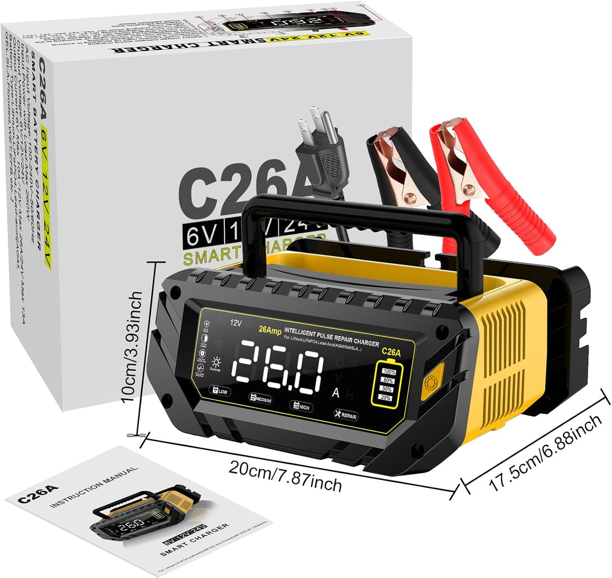 26A 6V/12V/24V Smart Battery Charger – Automatic Maintainer, Trickle Charger ...