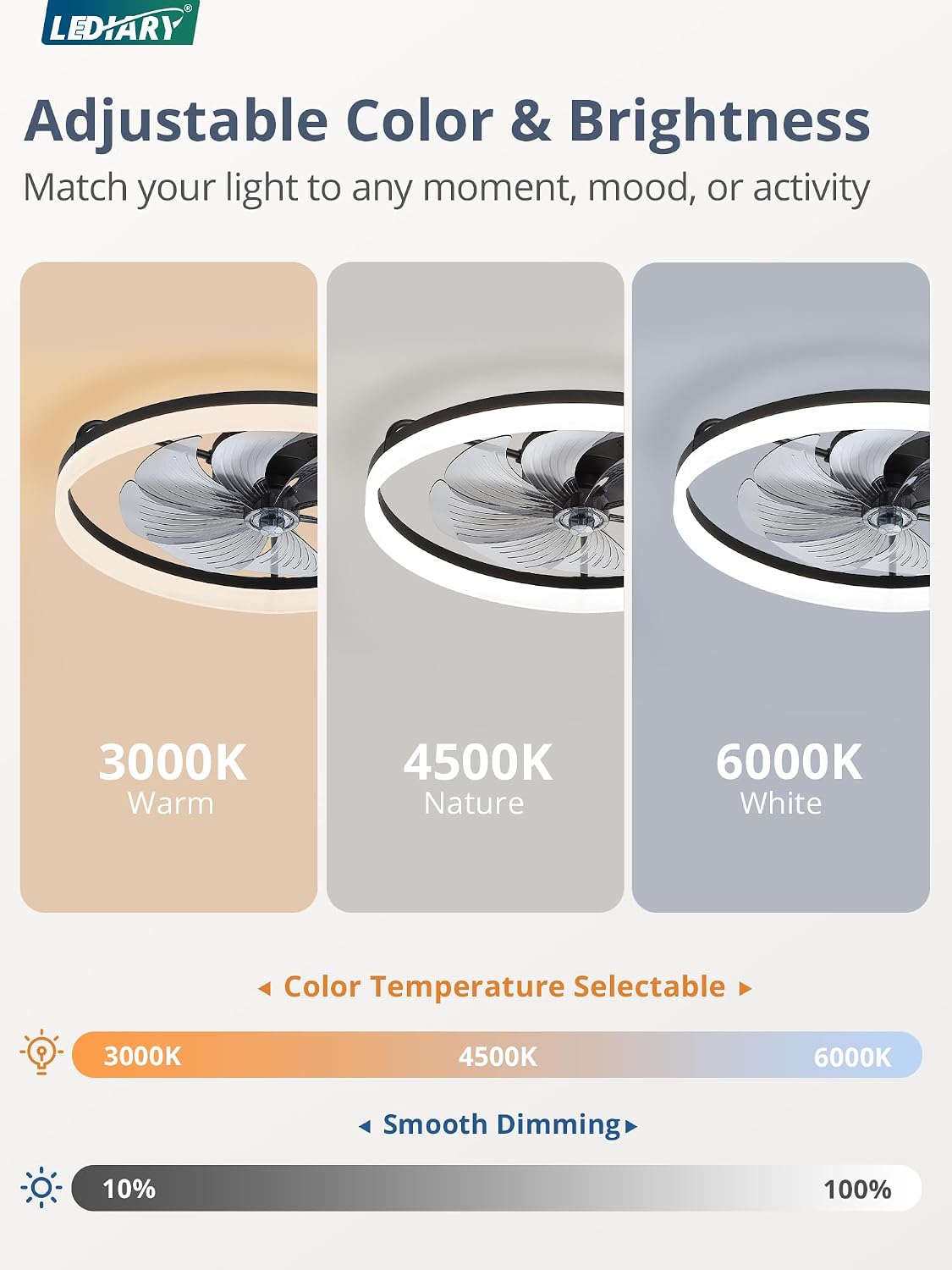 LEDIARY 23" Low Profile Ceiling Fans with Lights, APP & Remote, Black