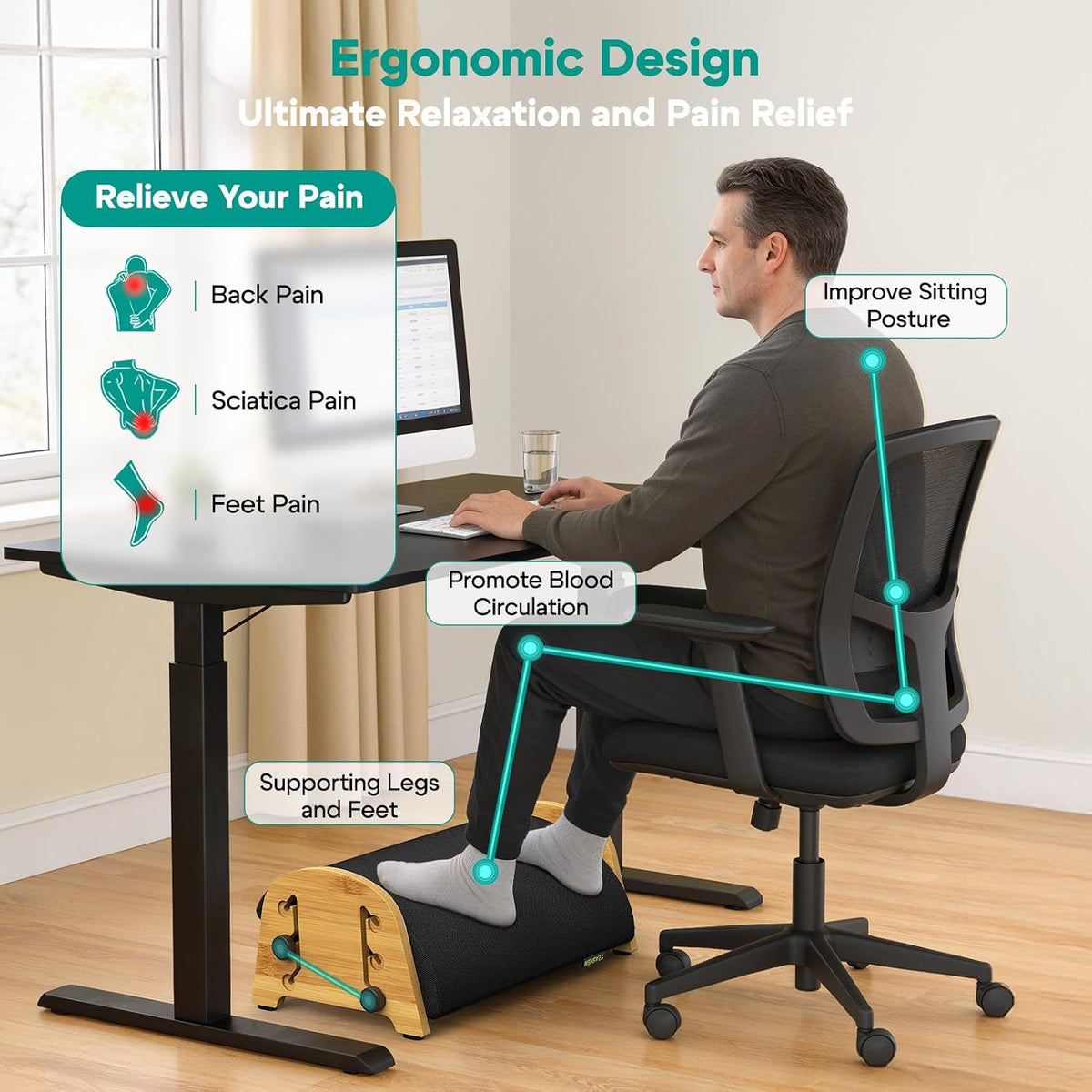 YEASHEIN Ergonomic Foot Rest Under Desk At Work, 6 Positions, Bamboo Wood