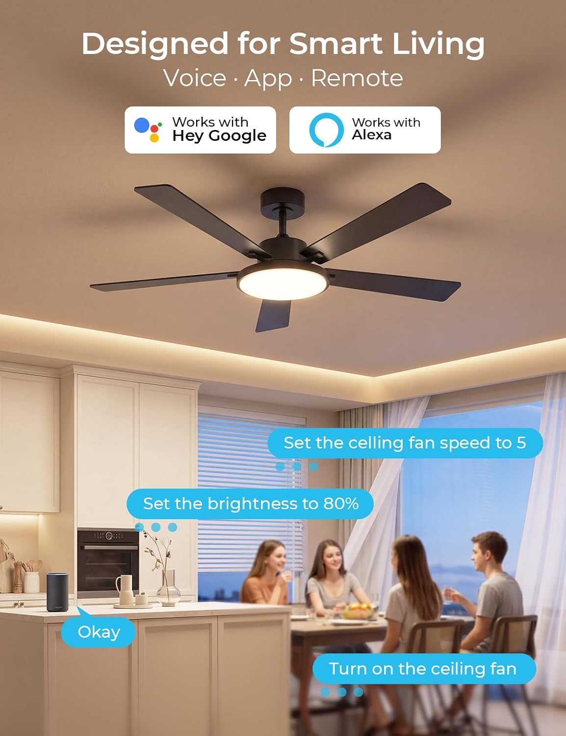 CINOTON 52" Smart Ceiling Fans with Lights and Remote, App Control, Black