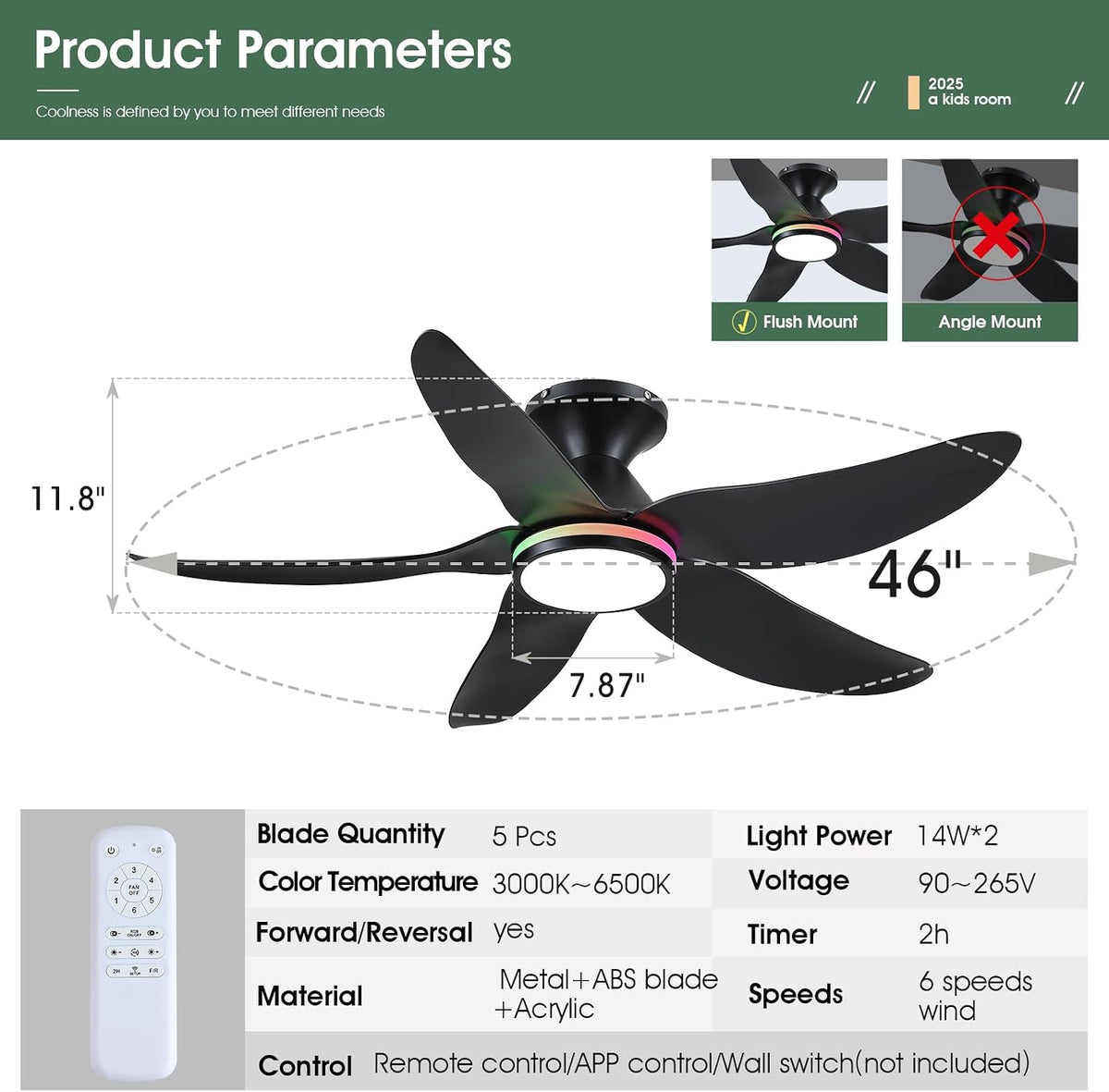 Kviflon 46 In Ceiling Fans with RGB Ring Lights Remote/APP,5 Blades Black