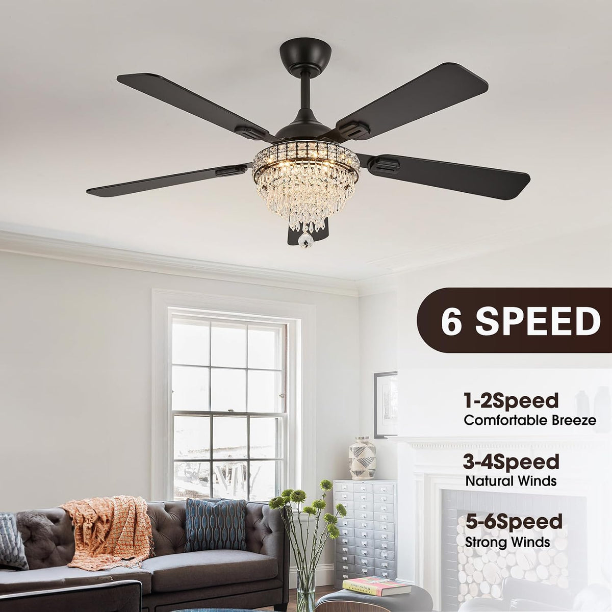 52" Crystal Chandelier Ceiling Fan with Lights - (Glam, Black)